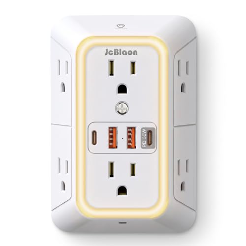Multi Plug Outlet Surge Protector, 6 Outlet Extender and 4 USB with PD30W USB-C Fast Charging, 3-Sided 1050J Surge Protector Power Strip with Night Light for Home Travel Office-ETL - color: White-30W-1Pcs