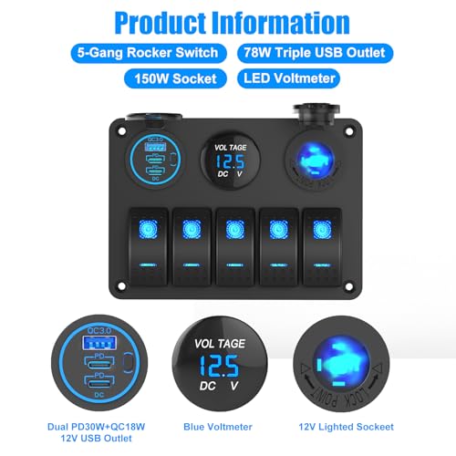 Marine Boat Switch Panel Waterproof, 5 Gang Marine Rocker Switch Aluminum Panel with 3 Port 66W 12V USB Outlet Car Charger, 150W Cigarette Lighter Socket and Blue LED Voltmeter for Truck Car RV, etc.