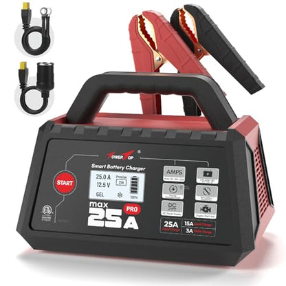 TowerTop 25A Max Pro Battery Charger: 12V Fully Automatic Smart Trickle Charger, Automotive Battery Maintainer with Engine Start, DC Supply, Winter Mode, Recondition,Desulfation, for Lead Acid/Lithium - color: 25A Max Pro