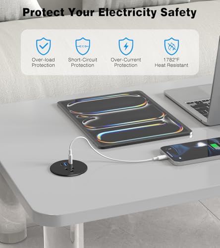 Recessed Power Strip-2 Pack Desk Grommet Power Strip, 2.5 inch Desktop with 20W Fast Charging USB-C Port (Black, 10FT) - color: Black, size: 10FT-2PS