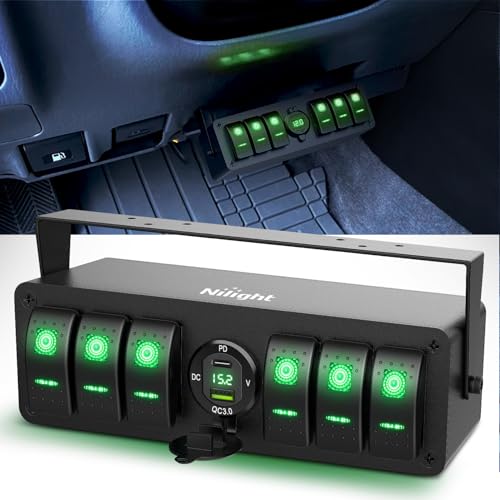 Nilight 6 Gang Rocker Switch Box 12V SPST ON Off Toggle Switches PD Type C and QC 3.0 USB Charger Voltmeter LED Light Waterproof Aluminum Mount Bracket Panel DIY Stickers for Boat Car RV Truck - color: Green+Box, size: 6+1 Gang Type C +USB