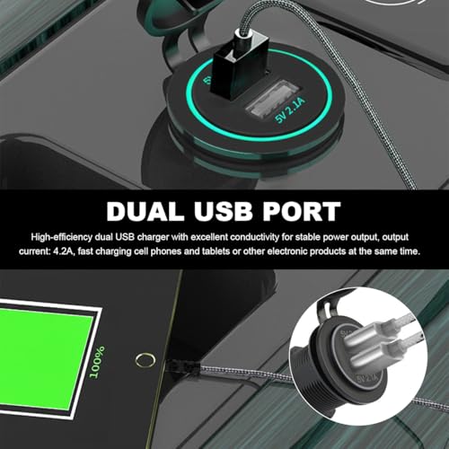 4.2A Dual USB Charger Socket, Waterproof Power Outlet 12V/24V 2.1A & 2.1A Quick Charge Socket, USB Charger Socket with Cap for Car Golf Cart Mobile RV ATV Truck Marine Boat (Green) - color: Green