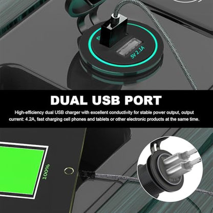 4.2A Dual USB Charger Socket, Waterproof Power Outlet 12V/24V 2.1A & 2.1A Quick Charge Socket, USB Charger Socket with Cap for Car Golf Cart Mobile RV ATV Truck Marine Boat (Green) - color: Green