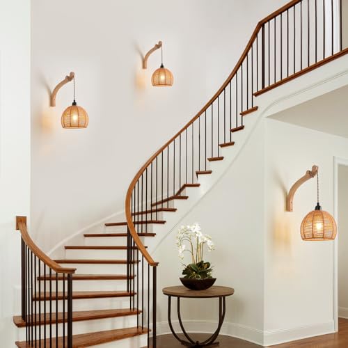Plug in Wall Sconce,Farmhouse Wicker Wall Lamp Plug in,Hand Woven Rattan Wall Light Farmhouse Rustic Boho Sconces Wall Lighting for Living Room Bedroom - color: Rattan, size: 2 Pack 7.87IN