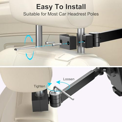 UPERGO Headrest Car Tablet Holder - [Long Aluminum Extension Arm] [Ultra-Compact] Foldable iPad Holder for Car Backseat, Road Trip Essentials iPad Back Seat Mount, Tablet Headrest Mount