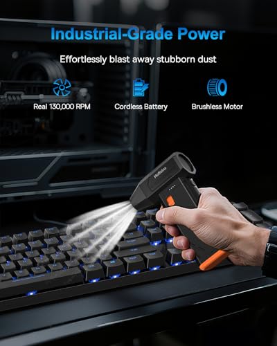 Compressed Air Duster 130,000RPM Ultra-Powerful Cordless Electric Air Blower w/Brushless Motor, 3 Speed Adjustable & Rechargeable Battery for Keyboard, PC, Car, Home, Outdoor, Snow Removal