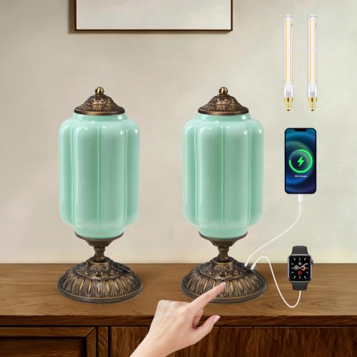 Green Milk Glass Touch Table Lamps Set of 2 - USB C+A Charging Ports - color: Green-2Pack