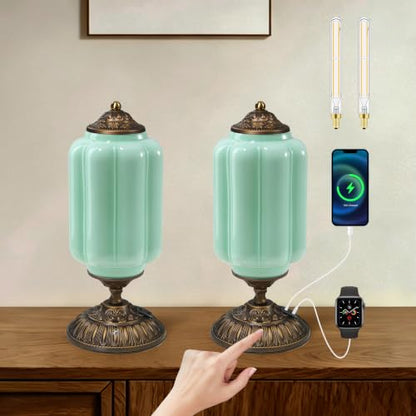 Green Milk Glass Touch Table Lamps Set of 2 - USB C+A Charging Ports - color: Green-2Pack