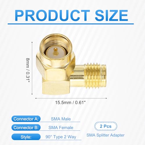 MECCANIXITY 2Pcs 90° Type SMA Right Angle Adapter SMA Male to Female Adapter Converter 50 Ohm for Antennas, Signal Monitoring, Test Bench, Router, Car Navigation, Gold