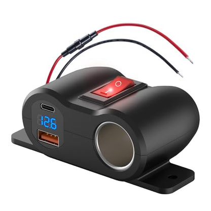 2-in-1 Surface Mount 12V USB Outlet Cigarette Lighter Socket, PD 30W and QC18W Car USB Port Car Charger with Button Switch LED Voltmeter and 120W Socket, Suitable for Cars, Boats, RVs and ATVs