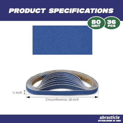 1/2" x 18" Zirconia Sanding Belts for Metal - 1/2 x 18 Inch Zirconia Metal Grinding Sand Paper, 36 PCS 80 Grits, Perfect for Knife Blade Sharpening, Metal Polishing, Derusting, Woodworking - size: 1/2" x 18" 80 Grit(36 pack)