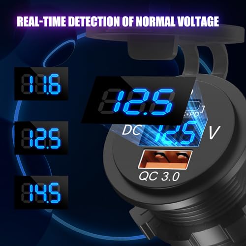 48W 12V USB Outlet USB C Car Socket, PD 30W and QC 18W Car Ports Waterproof Cigarette Lighter Replacement Car Charger Power Outlet with LED Digital Voltmeter for Boat Marine Truck Golf RV, etc.