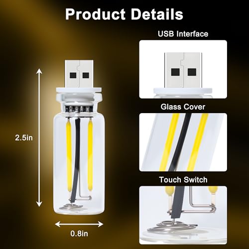 Car USB Night Light Touch Dimmable - 1-Pack Retro LED Filament Lamp for Truck Interior, Bedroom & Camping | Glass Bottle Ambiance Lighting (Yellow) - color: 1 PCS (Yellow)