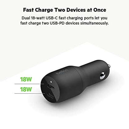 Belkin 36-Watt Dual-USB Car Charger - Power Delivery 2 18W USB-C Ports with PPS Charging Apple iPhone 14, 14 Pro, 14 Pro Max, iPhone 13, 13 Pro, 13 Pro Max Samsung Galaxy, AirPods - USB-C Charger - size: 1.0 inches, style: Dual USB-C