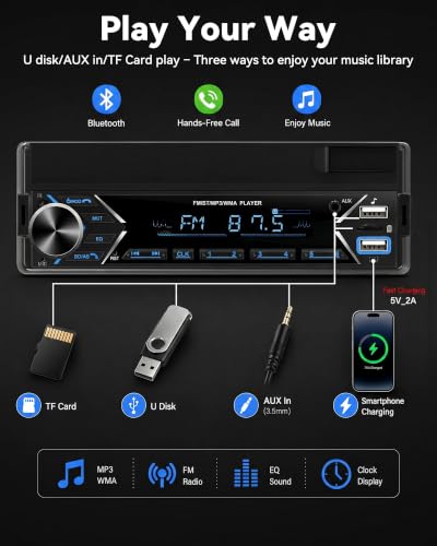 Single DIN Car Stereo Bluetooth Car Radio with FM/MP3/AUX Dual USB SWC Colorful Lights Phone Holder & Wireless MIC