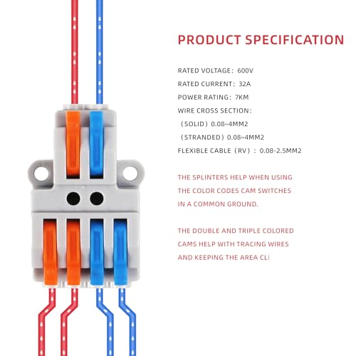 DIANN 20pcs Lever Wire Connectors 2 in 4 Out Quick Wiring Cable Connector 28-12 AWG Push-in Conductor Terminal Block - color: 20pcs 2 in 4 out