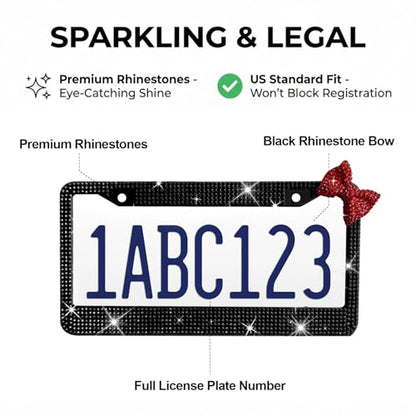 Wanheart 1 Pack Black Bling License Plate Frame with Red Upper Right Bow - color: Black Frame + Red Bow
