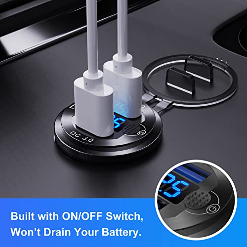 12V/24V USB Outlet Quick Charge 3.0 Dual Port Car Charger Socket with Blue Voltmeter, Waterproof Aluminum Cigarette Lighter USB Charger DIY Kit for Car Marine Motorcycle RV Boat Golf Cart, etc.