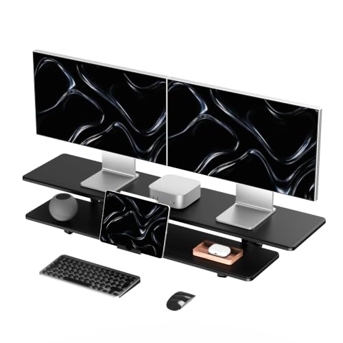 TRIN&AUSAN Dual Monitor Stand Riser, Wooden 2-Tier Computer Monitor Stand with Storage, Adjustable Ergonomic Desktop Monitor Riser with Cable Management & Phone Holder for Home Office Desk (Black) - color: Black