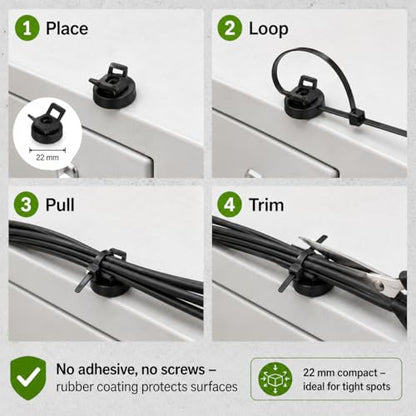 Magnetic Zip Tie Mounts 22mm, 50 Pack Cable Tie Mount Bases with 200 Zip Ties, Heavy Duty Cable Clips for Wire Management, Magnet Cord Holder Organizer for Desk, PC, Home Office
