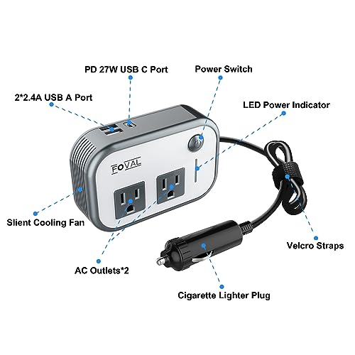 FOVAL 200W Car Power Inverter, DC 12V to 110V AC Car Laptop Charger Fast Charger Converter with [27W PD USB-C] & Dual USB Ports Multi-Protection Car Outlet Adapter Power Inverter for Vehicles