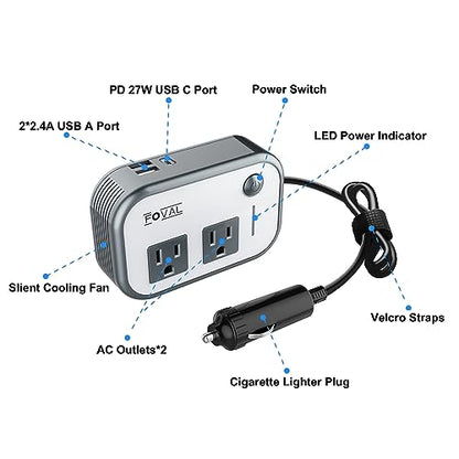 FOVAL 200W Car Power Inverter, DC 12V to 110V AC Car Laptop Charger Fast Charger Converter with [27W PD USB-C] & Dual USB Ports Multi-Protection Car Outlet Adapter Power Inverter for Vehicles