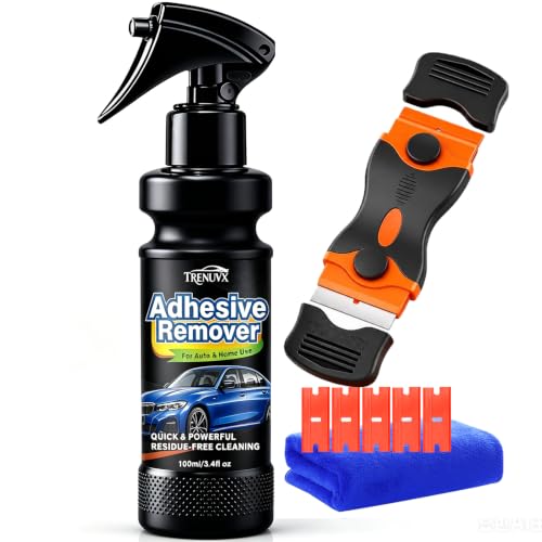 Adhesive Remover, Sticker Remover for Car Paint & Glass – Spray that Dissolves Decal, Glue & Tape Residue, Safe on Surfaces, Removes Sticky Labels, Includes Scraper, Spatula & Towel, 3.4oz/100ml