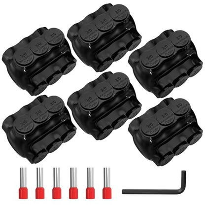 Joinfworld 3 Port Insulated Multi Tap Connector 3/0-6 Gauge Wire Connectors Aluminum to Copper Wire Connectors Dual Entry Black Electrical Cable Connectors with Slotted Allen Hex - 6 Pack - size: 3/0-6 AWG