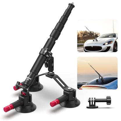 NEEWER Triple Suction Cup Car Mount Compatible with Insta360 X5 X4 GoPro DJI OSMO 360 Cameras, Quick Release Outside Windshield Magic Arm Mount Kit with 2 in 1 Extension Pole/Selfie Stick, CA065 - style: CA065