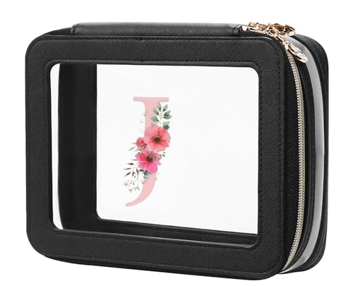 Relavel Personalized Initial Clear Makeup Bag, PU Leather Waterproof Travel Toiletry Bag with Zipper, Portable Skincare Pouch Car Organizer Bag, Idea Gifts for Women Girls, Black J - size: Medium, style: J