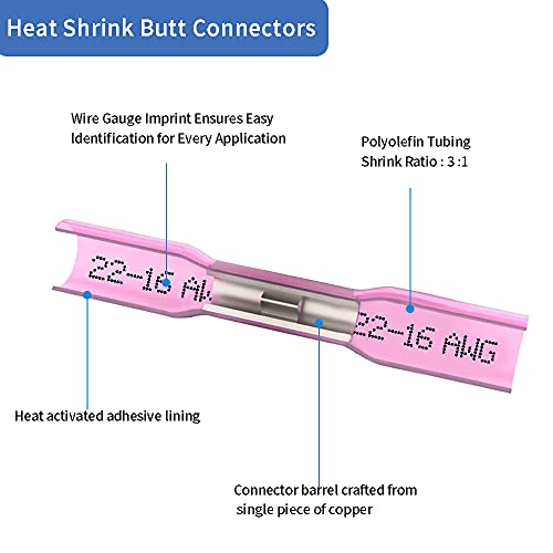 Heat Shrink Butt Wire Connectors, 200 Pcs Red 22-16 AWG Insulated Waterproof Electrical Wire Connectors Automotive Marine Wire Crimp Terminals Butt Splices for Boat, Car - size: 200Pcs 22-16 AWG