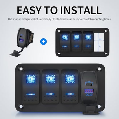 DAIERTEK USB Rocker Switch 12V Waterproof USB C & QC 3.0 Dual Ports Outlet PD Charger Socket for Car, UTV, RZR, RV, Truck, Marine - color: blue amd purple