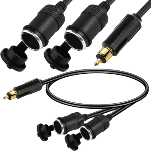 for DIN Male Plug to Cigarette Lighter Socket 2 Socket Splitter 12V/24V Car Accessory Connector European for DIN Male to Female Sockets Cable for Motorcycle and Truck