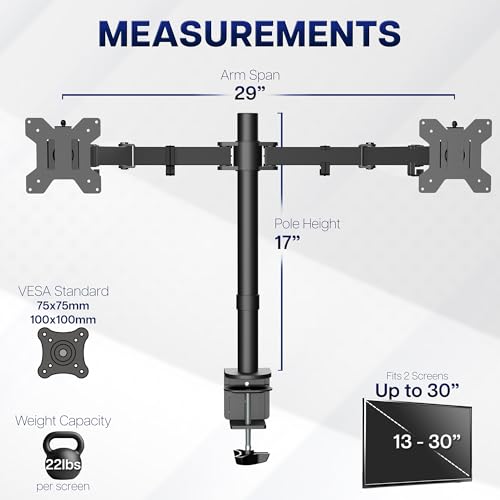 VIVO Dual Monitor Desk Mount, Holds 2 Computer Screens up to 30 inches and 22lbs Each, Heavy Duty Fully Adjustable Steel Stand with C-Clamp and Grommet, Black, STAND-V002 - color: Black, size: 13" - 30"