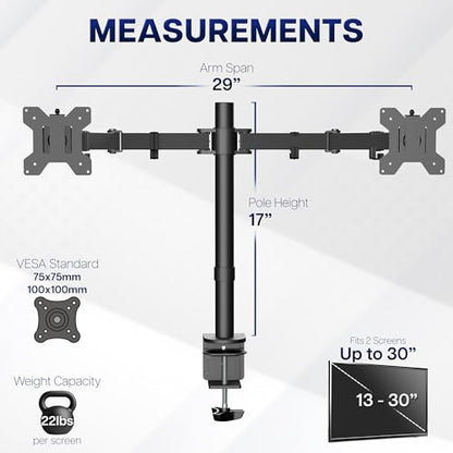 VIVO Dual Monitor Desk Mount, Holds 2 Computer Screens up to 30 inches and 22lbs Each, Heavy Duty Fully Adjustable Steel Stand with C-Clamp and Grommet, Black, STAND-V002 - color: Black, size: 13" - 30"
