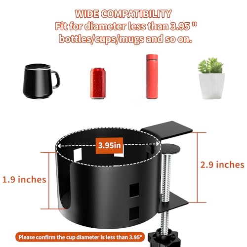 OOKUU Upgraded Large Desk Cup Holder Clamp, Anti-Spill Table Cup Holder, Metal Office & PC Gaming Desk Accessories, Compatible with Universal Cup, Bottles, Pencil Holder (Black) - color: Black, size: 3.95 inch