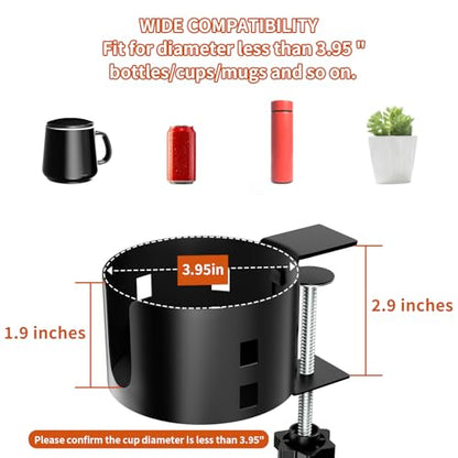 OOKUU Upgraded Large Desk Cup Holder Clamp, Anti-Spill Table Cup Holder, Metal Office & PC Gaming Desk Accessories, Compatible with Universal Cup, Bottles, Pencil Holder (Black) - color: Black, size: 3.95 inch