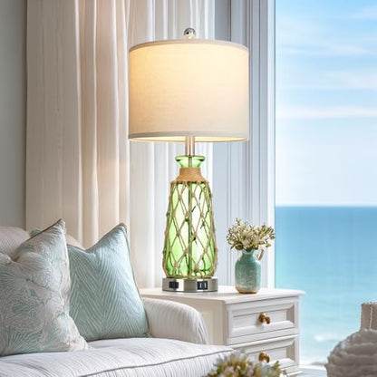 Ruzectt 25.5" Green Glass Table Lamps Set of 2, 3-Way Dimmable Touch Control Bedside Lamps with 2 USB Ports and AC Outlet, Coastal Nightstand Lamp for Bedroom Living Room (LED Bulbs Included) - color: Green
