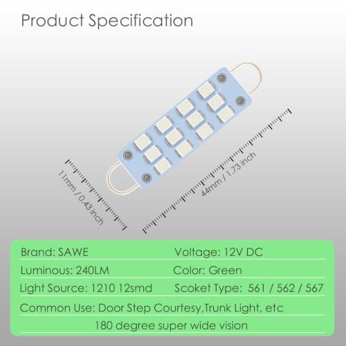 561 Led Bulb Green 44mm Rigid Loop for Map Trunk Light 562 567 8pcs - color: Green, size: Pack of 8
