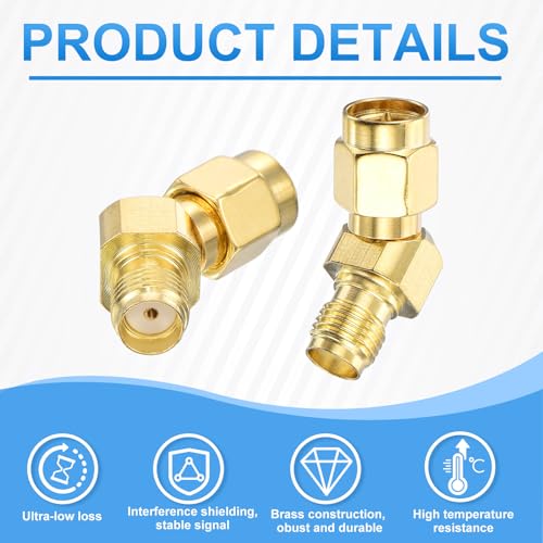 MECCANIXITY 5Pcs 135° Type SMA L-Shape Adapter SMA Male to Female Adapter Converter 50 Ohm for Antennas, Signal Monitoring, Test Bench, Router, Car Navigation, Gold