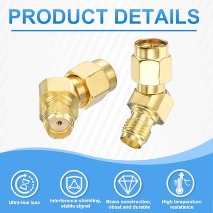 MECCANIXITY 5Pcs 135° Type SMA L-Shape Adapter SMA Male to Female Adapter Converter 50 Ohm for Antennas, Signal Monitoring, Test Bench, Router, Car Navigation, Gold