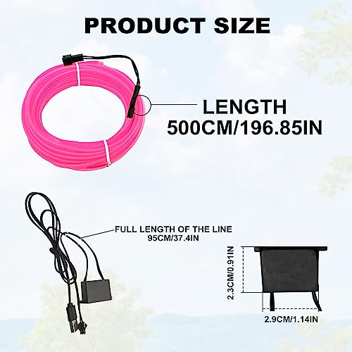 EL Wire Interior Car LED Strip Lights, 5M Neon Wire USB 5V with Fuse Protection for Automotive Car Interior Decoration with 6mm Sewing Edge, Car Garden Party Decoration, Pink