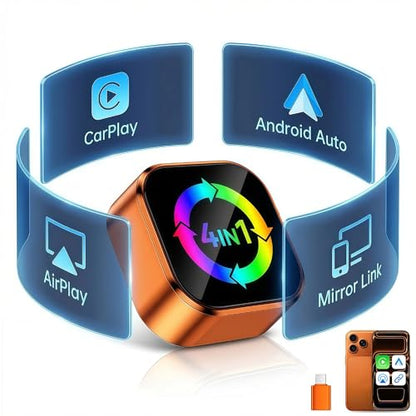 4-in-1 Wireless CarPlay Adapter with Screen Mirroring, Watch Netflix/YouTube in Car, Android Auto AirPlay Mirror Link, Plug & Play No App, Compatible with 800+ Cars iPhone Android