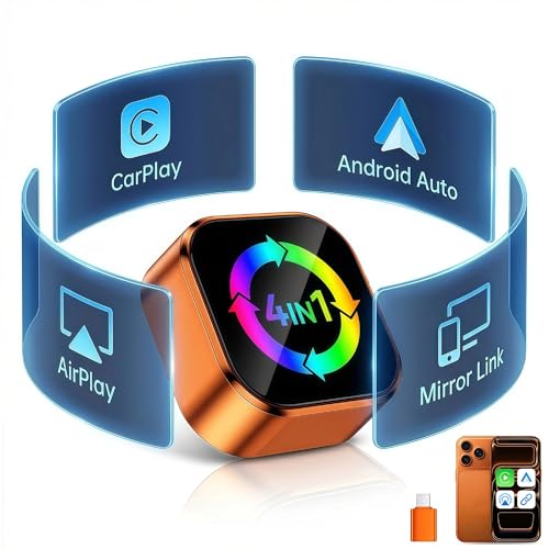 4-in-1 Wireless CarPlay Adapter with Screen Mirroring, Watch Netflix/YouTube in Car, Android Auto AirPlay Mirror Link, Plug & Play No App, Compatible with 800+ Cars iPhone Android