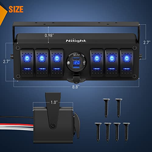 Nilight 6 Gang Rocker Switch Box with QC3.0 Dual USB Charger Voltmeter - color: Blue+Box, size: 6+1 Gang Dual USB