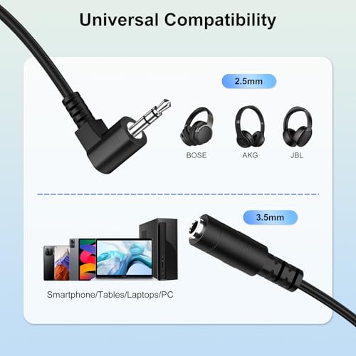 J&D 2.5 mm Male to 1/8 inch 3.5 mm Female Stereo Audio Cable, 90 Degree Right Angle Headphone Cord Compatible with Radios, Headphones, Recorders, Cameras, 0.66 Feet