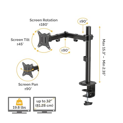 Fellowes Everyday Adjustable Single Monitor Arm – Supports Screens up to 32" Weighing 19.84 lbs, Tilt, Swivel, Rotate, VESA 75/100, Clamp or Grommet Mount, Cable Management - style: Everyday Single Arm