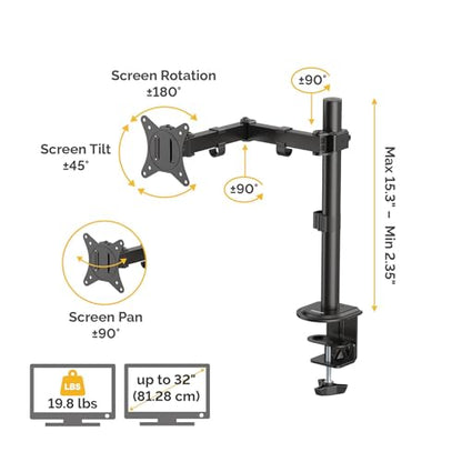 Fellowes Everyday Adjustable Single Monitor Arm – Supports Screens up to 32" Weighing 19.84 lbs, Tilt, Swivel, Rotate, VESA 75/100, Clamp or Grommet Mount, Cable Management - style: Everyday Single Arm