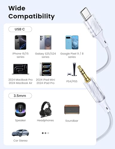 MOSWAG USB C to 3.5mm Audio Aux Jack Cable(6.6ft), USB C to 3.5mm Car Stereo Speaker Aux Cord, Stereo TRS Male to Male Connector Compatible with MacBook, Chromebook, Huawei, Xiaomi and More