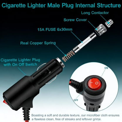 Cigarette Lighter Plug Adapter, 12V 24V Car Power Extension Cord, 3.28FT 2Pack LED Switch Fuse Protected Male Plug for Car Truck RV Motorcycle Boat Low-Power Device Power Supply